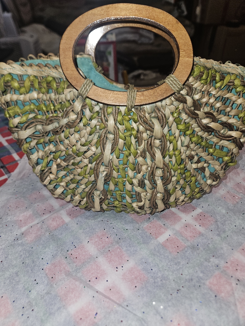 Woven Straw Tote Bag with Wooden Handle - Green Accent